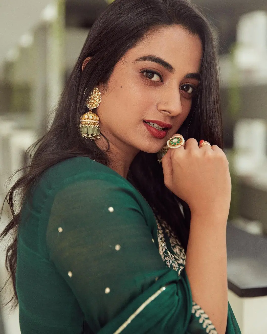 Namitha Pramod Wearing Beautiful Earring Designer Green Dress